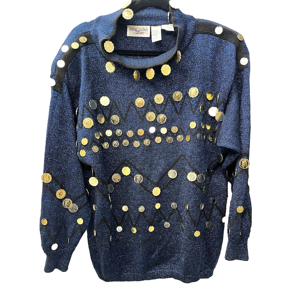 Vintage Bonnie Boerer Sweater Womens SZ L 1989 Gold Coin Sequins Glittery Blue